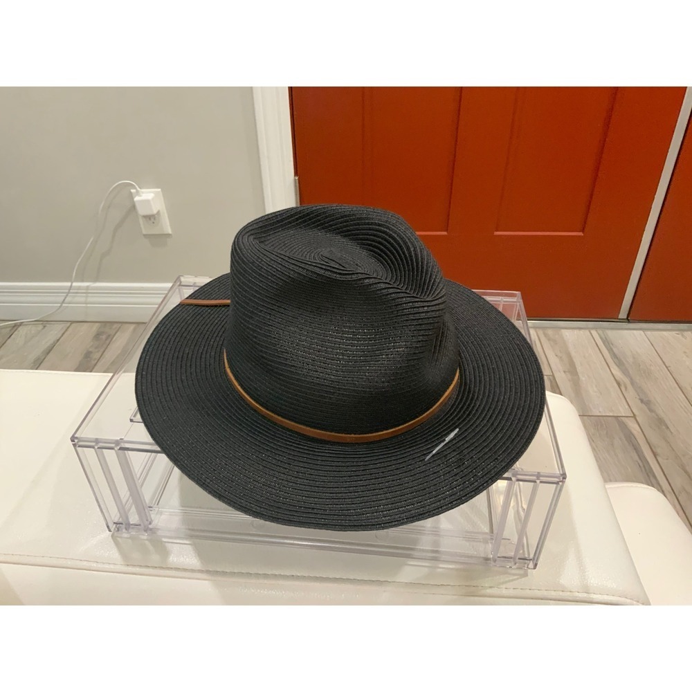 Brixton Messer Black Straw Fedora Hat XS 54cm Brown Leather Band Trim